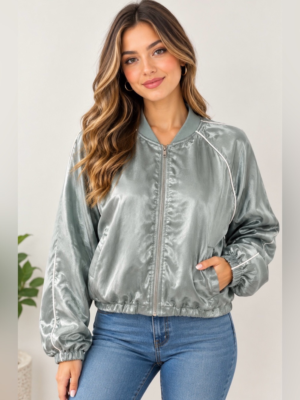 all in motion Satin Bomber Jacket in Light Sage with White Piping M
